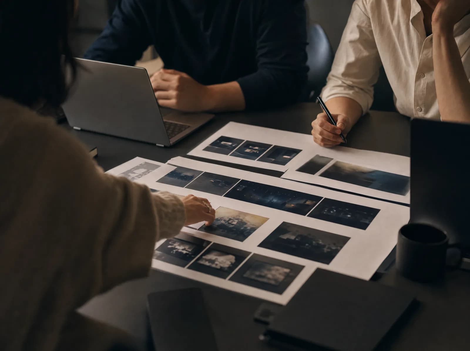 A creative team reviewing printed storyboards and photographs around a table.