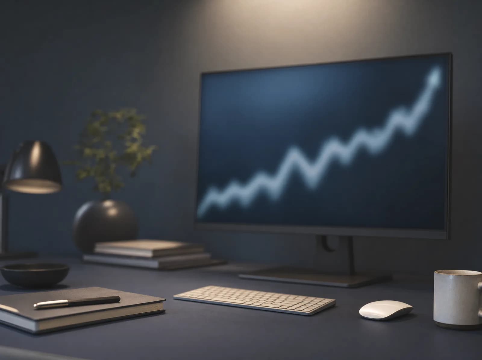 A creator’s desk with a notebook and a monitor displaying a performance chart.