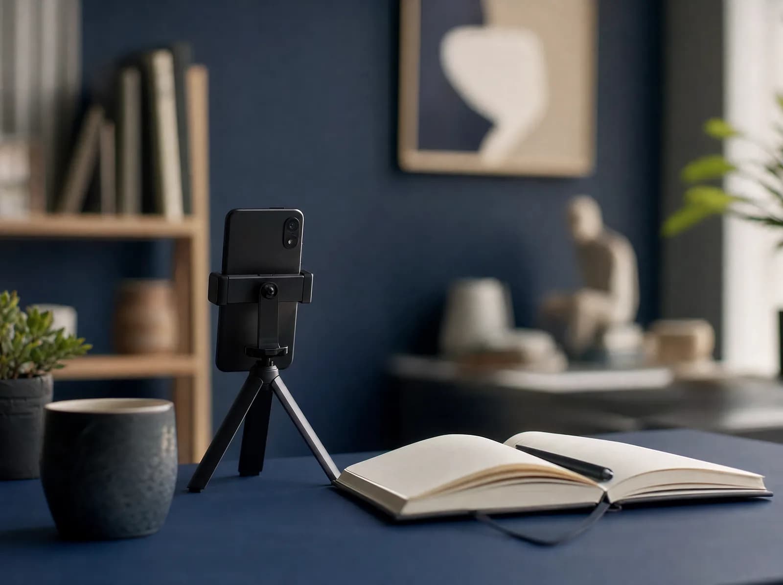 A creator’s desk in mid-morning light with a phone mounted on a small tripod beside an open notebook and pen, navy and warm off-white tones.