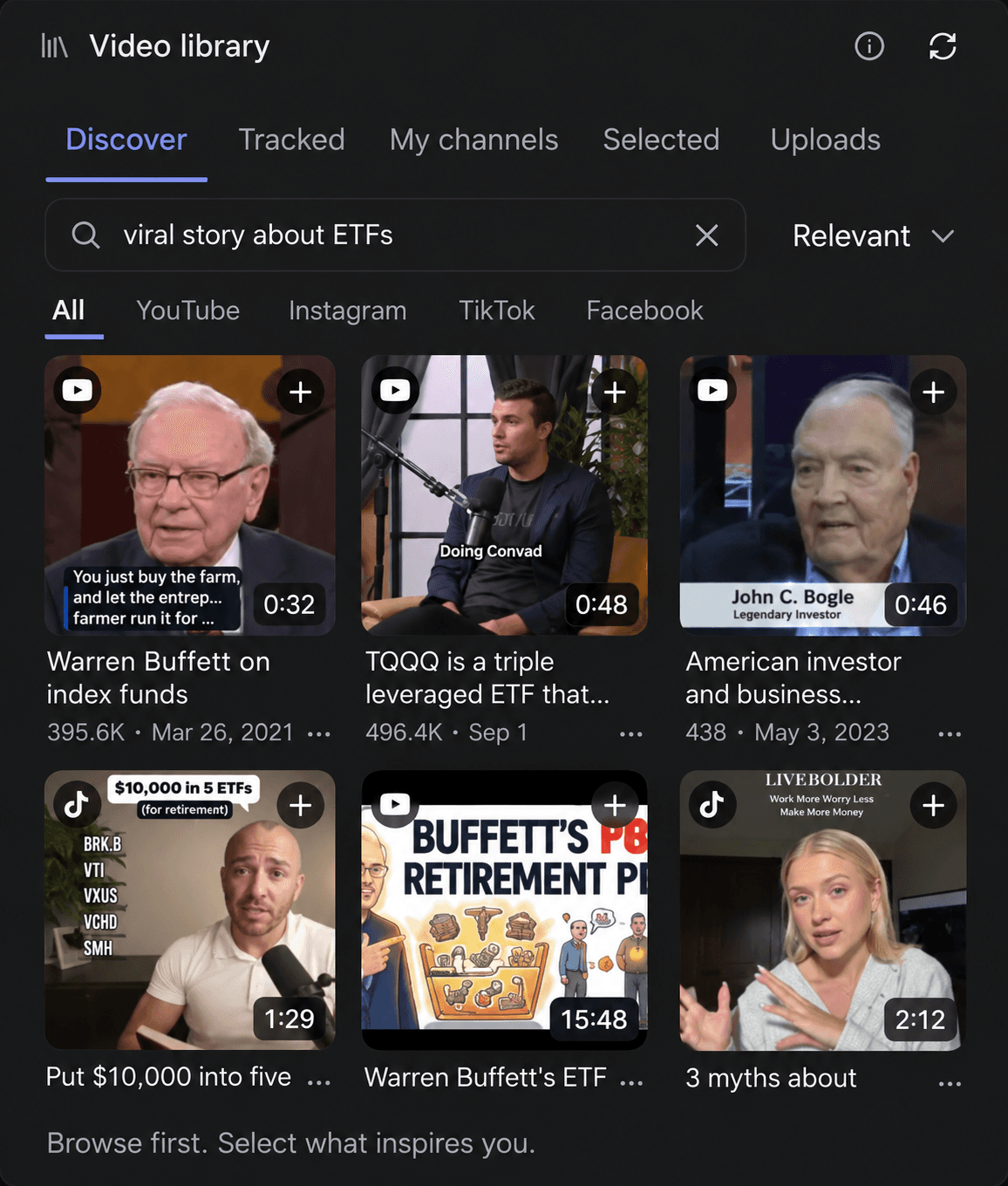 Illustrative video library with six ETF reference videos in three columns.