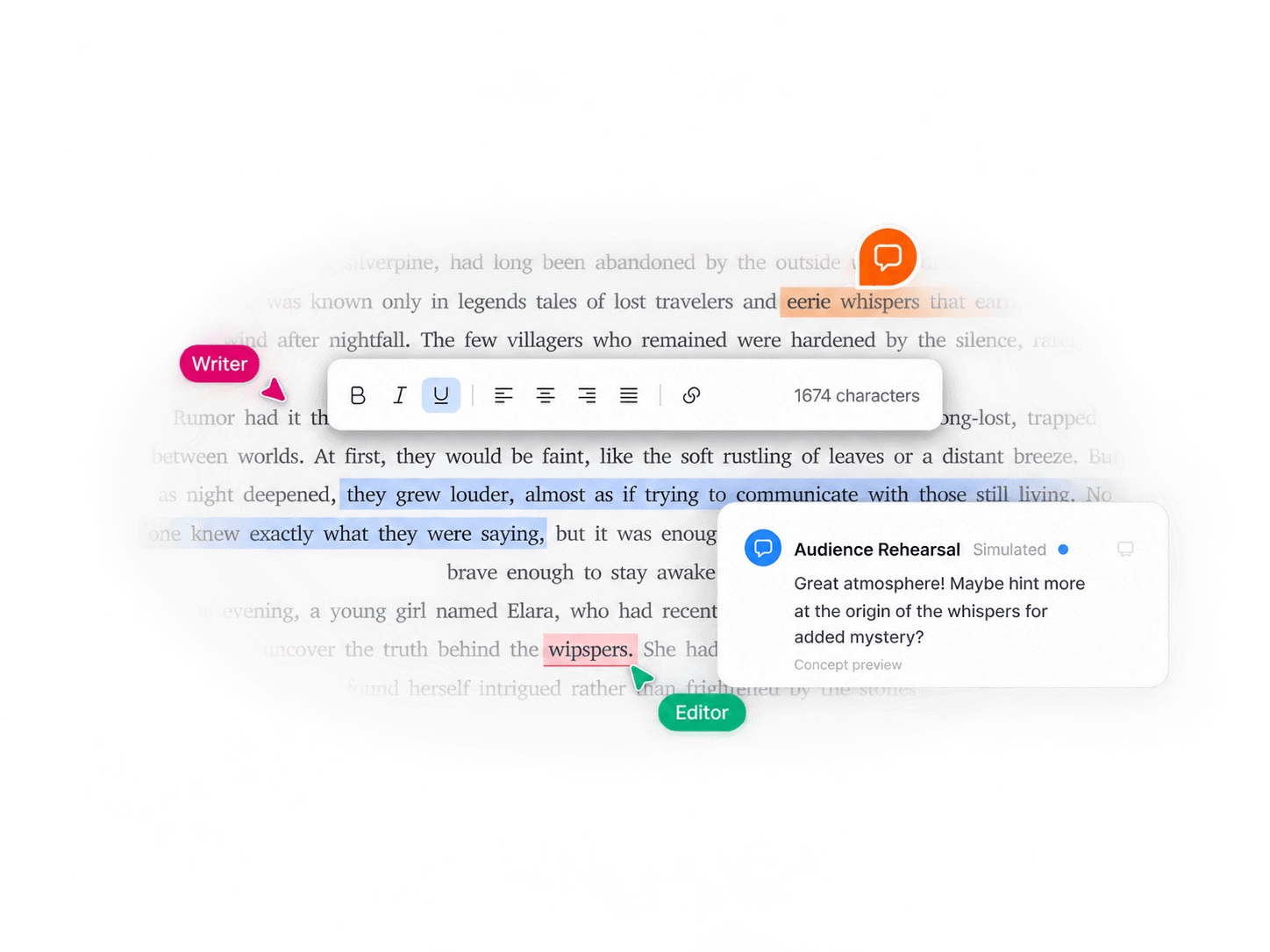 Illustrative script with highlighted passages, editing cursors, a formatting toolbar, and an Audience Rehearsal comment. Simulated viewer feedback; concept preview.